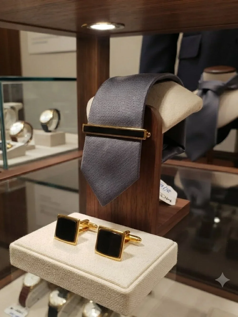 Vintage 14K Gold-Plated Brass Black Enamel Tie Clip & Cufflinks 3 Pc Set